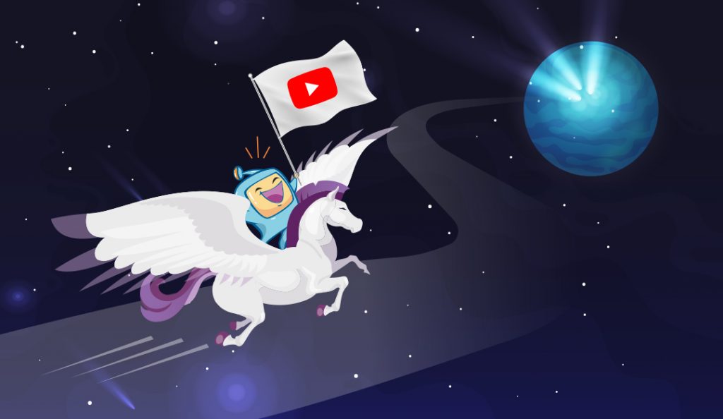 Moomba riding a flying horse with a youtube video flag