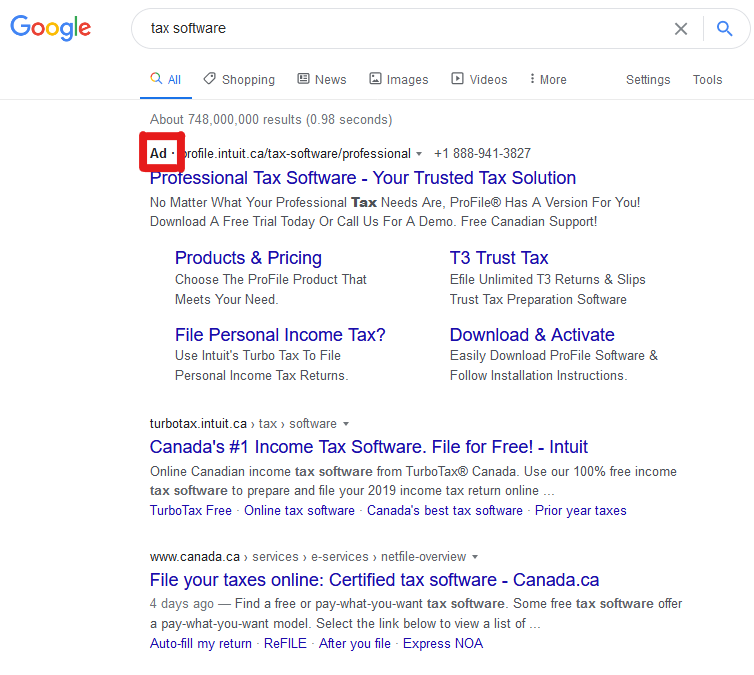 Google search results page with ad identified in red square