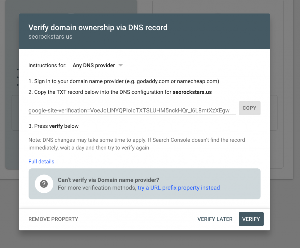 search console dns verification