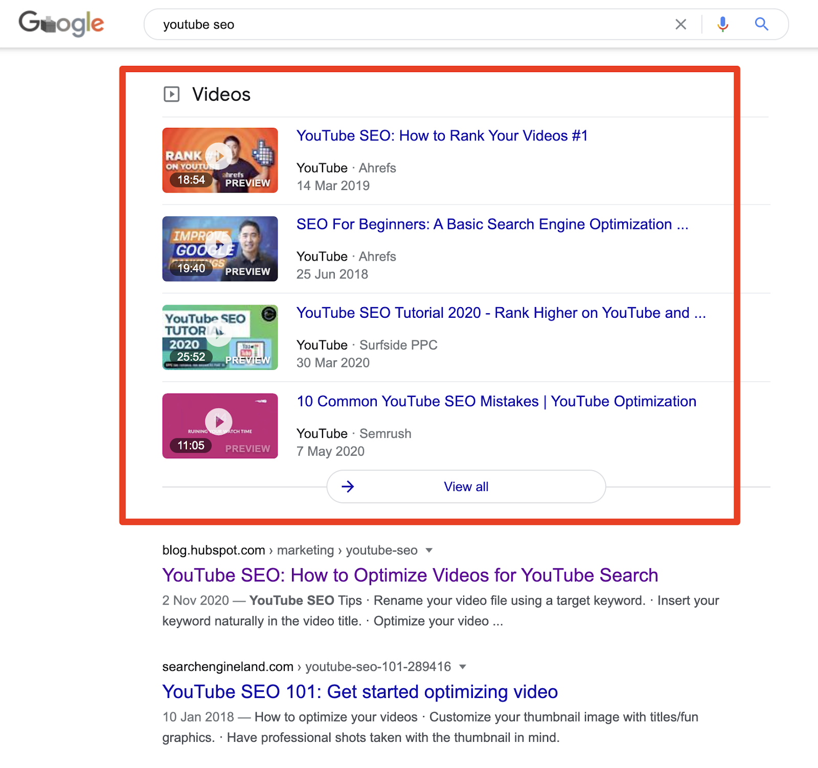 google video keywords search results