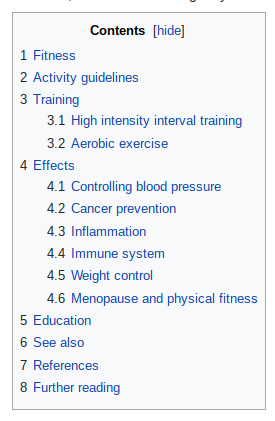 Wikipedia Fitness page table of contents